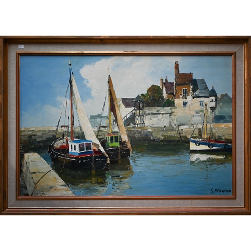 702 - C Weigman - Cornish harbour view, oil on canvas, signed lower right, 59 x 89 cm