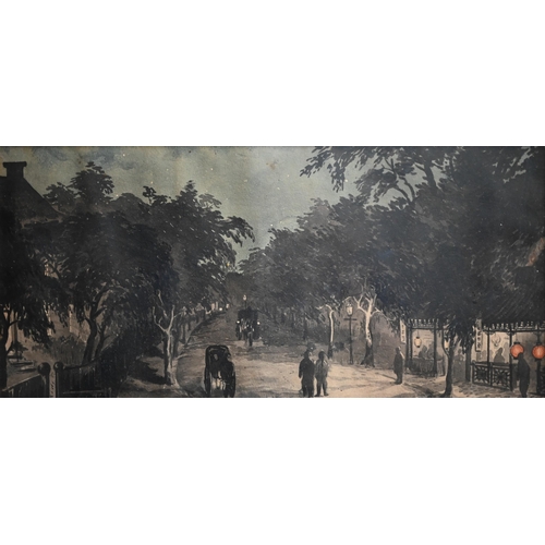 719 - A pair of early 20th century watercolour views at night of a busy Hong Kong street and a park lane, ... 