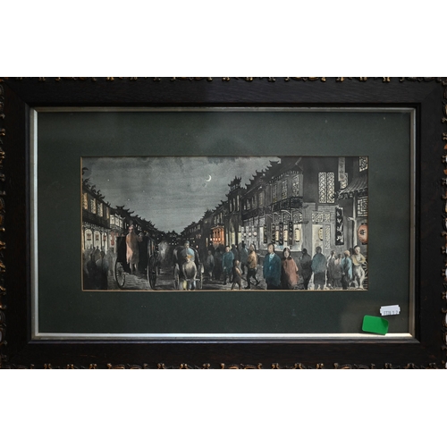 719 - A pair of early 20th century watercolour views at night of a busy Hong Kong street and a park lane, ... 