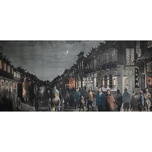 719 - A pair of early 20th century watercolour views at night of a busy Hong Kong street and a park lane, ... 