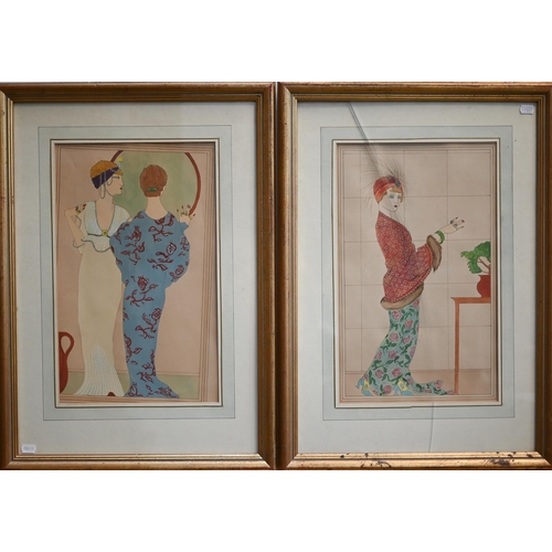 727 - Two Art Deco style pochoire studies of women in the manner of Georges Barbier, 44 x 28 cm (2)