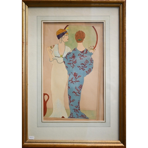 727 - Two Art Deco style pochoire studies of women in the manner of Georges Barbier, 44 x 28 cm (2)