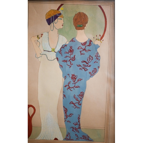 727 - Two Art Deco style pochoire studies of women in the manner of Georges Barbier, 44 x 28 cm (2)