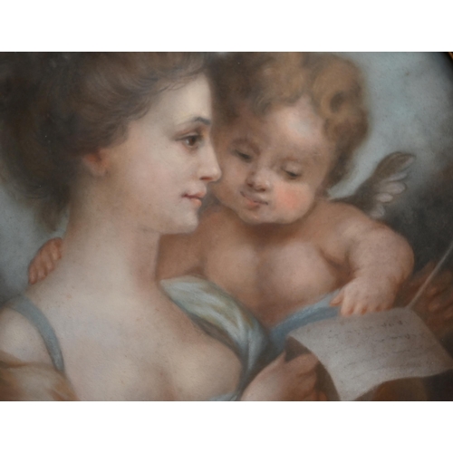 729 - 19th century French school - Study of a young woman reading a letter with Cupid at her shoulder, and... 