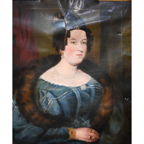 735 - 19th century English school - Portrait of a lady in blue dress, oil on canvas, 74 x 61 cm  Extensive... 