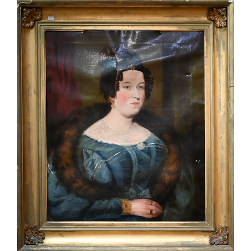 735 - 19th century English school - Portrait of a lady in blue dress, oil on canvas, 74 x 61 cm  Extensive... 