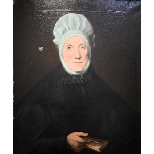 736 - 19th century English school - Portrait of a lady in mourning, holding a book, oil on canvas, 75 x 61... 