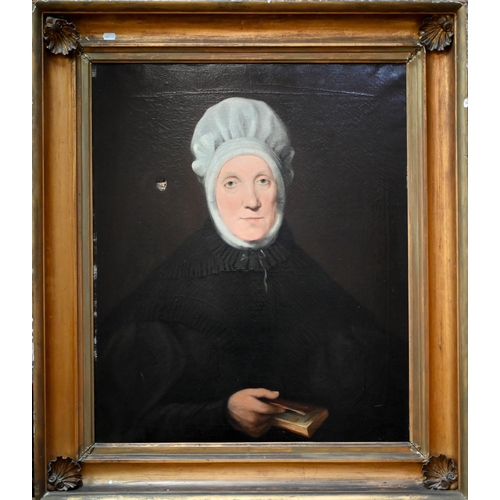 736 - 19th century English school - Portrait of a lady in mourning, holding a book, oil on canvas, 75 x 61... 