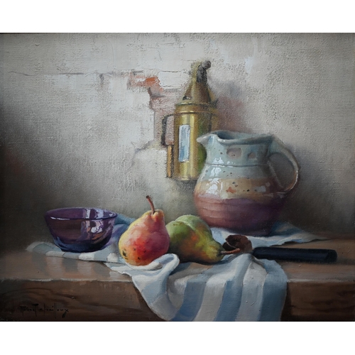 738 - Robert Chailloux - Still life study with fruit and vessels, oil on canvas, indistinctly signed lower... 