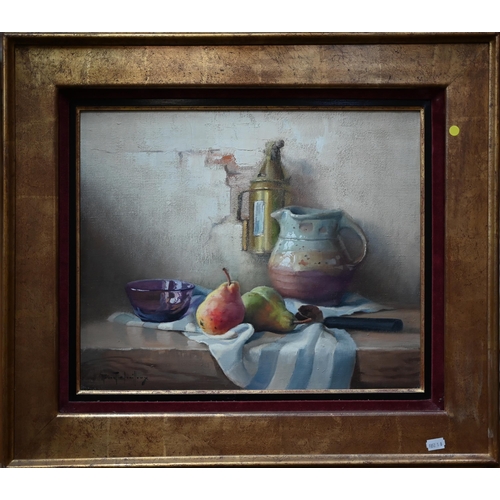 738 - Robert Chailloux - Still life study with fruit and vessels, oil on canvas, indistinctly signed lower... 