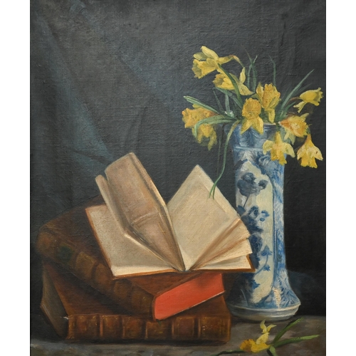 739 - English school - Still life study with a pile of books and a cylindrical blue and white vase of daff... 