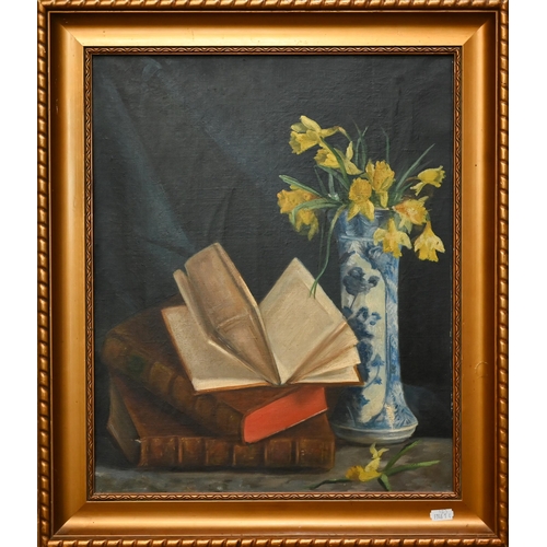 739 - English school - Still life study with a pile of books and a cylindrical blue and white vase of daff... 