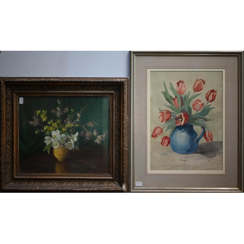 741 - H Fawkes - 'The yellow bowl', still life flower study, oil on board, signed and dated 1948 lower rig... 