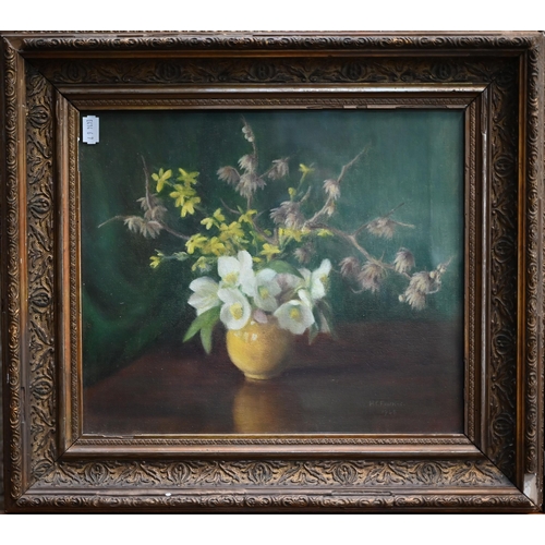 741 - H Fawkes - 'The yellow bowl', still life flower study, oil on board, signed and dated 1948 lower rig... 