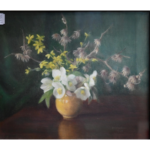 741 - H Fawkes - 'The yellow bowl', still life flower study, oil on board, signed and dated 1948 lower rig... 