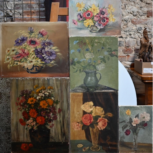 742 - Six various unframed floral still life studies, circa 1930s-1950s, some indistinctly signed, 26 x 38... 