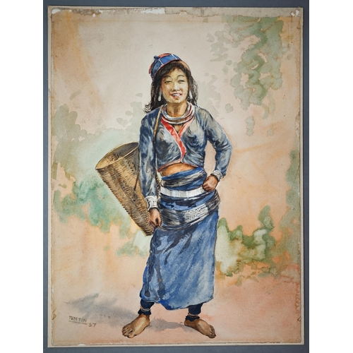 748 - Tun Tin - Study of a young woman with a basket, watercolour, signed and dated '37 lower left, 34.5 x... 