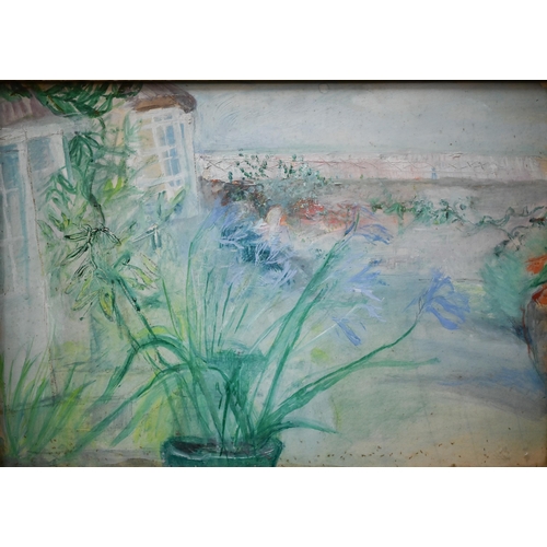 753 - Alison Debenham (1903-1967) - Pot of flowers with garden beyond, watercolour and gouache, 25.5 x 36 ... 