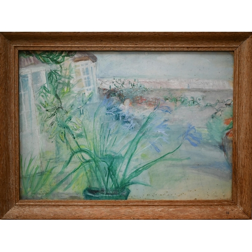 753 - Alison Debenham (1903-1967) - Pot of flowers with garden beyond, watercolour and gouache, 25.5 x 36 ... 