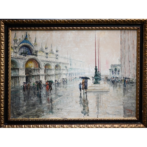 762 - Italian school - St Marks Square, Venice in the rain, oil on canvas, indistinctly signed lower right... 