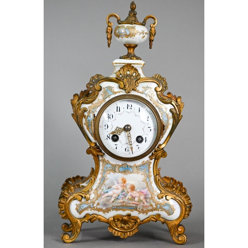 776 - A French gilt metal mounted enamel panelled glazed porcelain rococo style clock, the twin drum 8-day... 