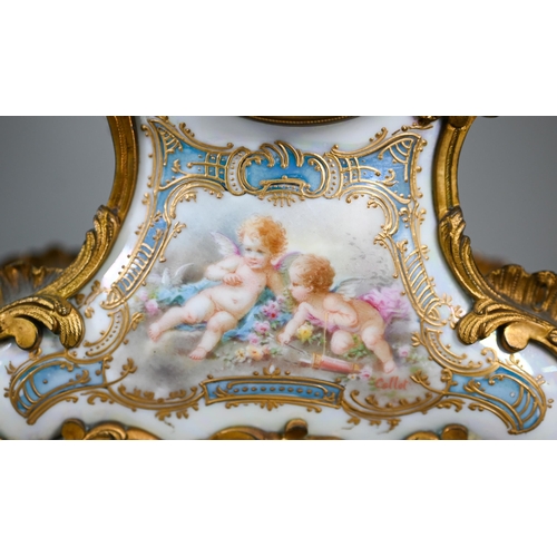 776 - A French gilt metal mounted enamel panelled glazed porcelain rococo style clock, the twin drum 8-day... 