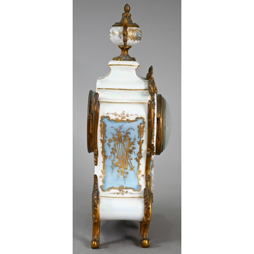 776 - A French gilt metal mounted enamel panelled glazed porcelain rococo style clock, the twin drum 8-day... 