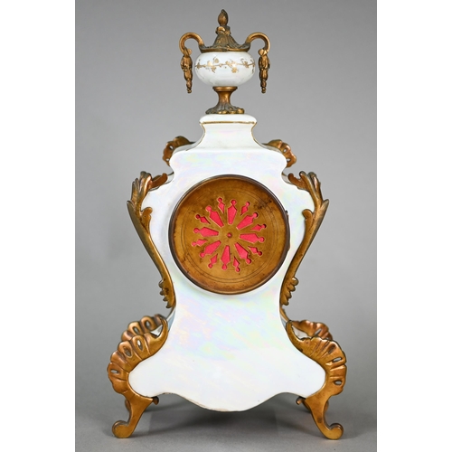 776 - A French gilt metal mounted enamel panelled glazed porcelain rococo style clock, the twin drum 8-day... 