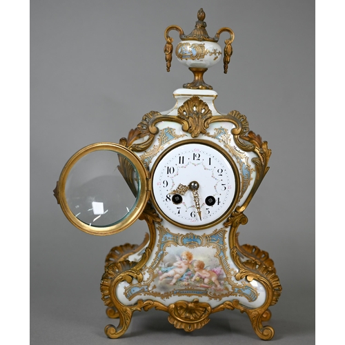 776 - A French gilt metal mounted enamel panelled glazed porcelain rococo style clock, the twin drum 8-day... 