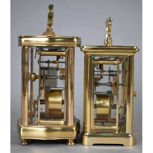 778 - A lacquered brass French-style single drum carriage clock, with integral key-wind 8-day movement, th... 