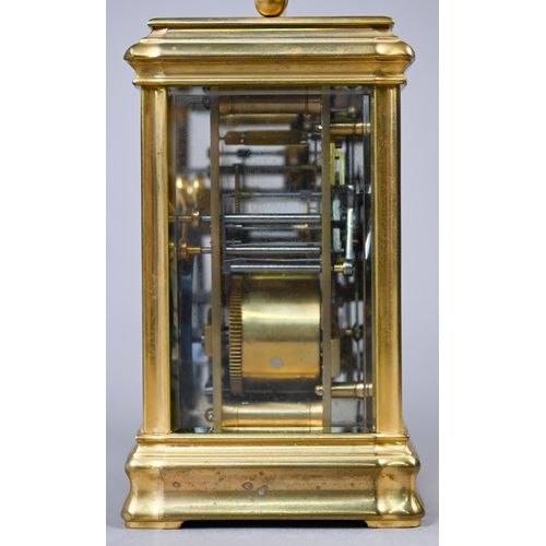 779 - A 19th century French brass carriage alarm clock, the two train 8-day grande sonnerie and petite son... 