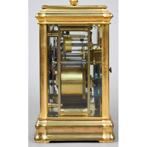 779 - A 19th century French brass carriage alarm clock, the two train 8-day grande sonnerie and petite son... 