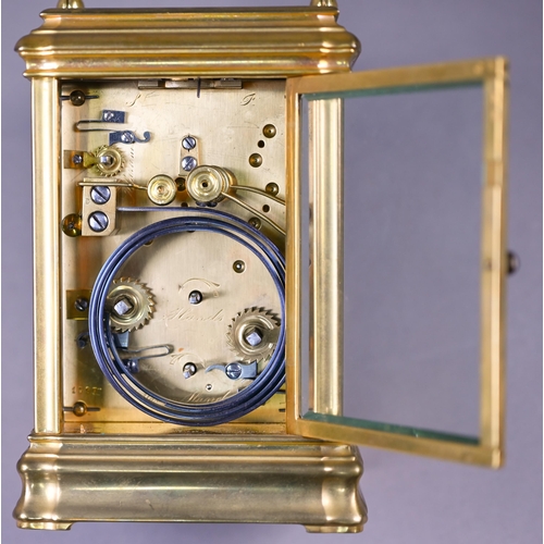 779 - A 19th century French brass carriage alarm clock, the two train 8-day grande sonnerie and petite son... 