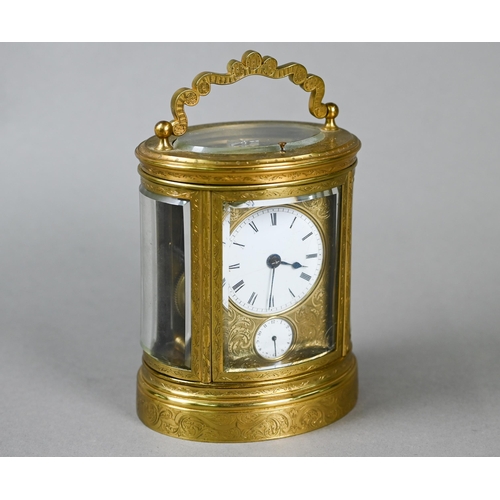 780 - W H Tooke, Paris, an engraved oval brass alarm carriage clock, the two train movement no 1013 with R... 