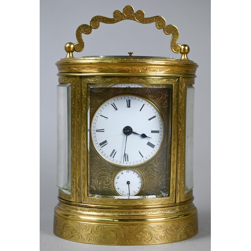 780 - W H Tooke, Paris, an engraved oval brass alarm carriage clock, the two train movement no 1013 with R... 