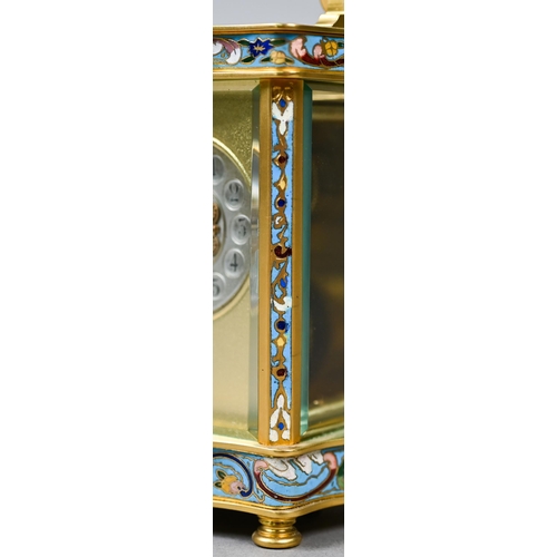 782 - A French cloisonné panelled gilt carriage clock with single drum movement, 13.5 cm high