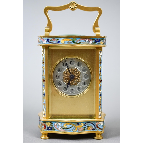 782 - A French cloisonné panelled gilt carriage clock with single drum movement, 13.5 cm high