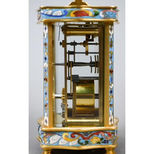 782 - A French cloisonné panelled gilt carriage clock with single drum movement, 13.5 cm high