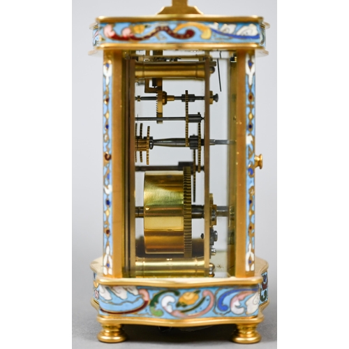 782 - A French cloisonné panelled gilt carriage clock with single drum movement, 13.5 cm high