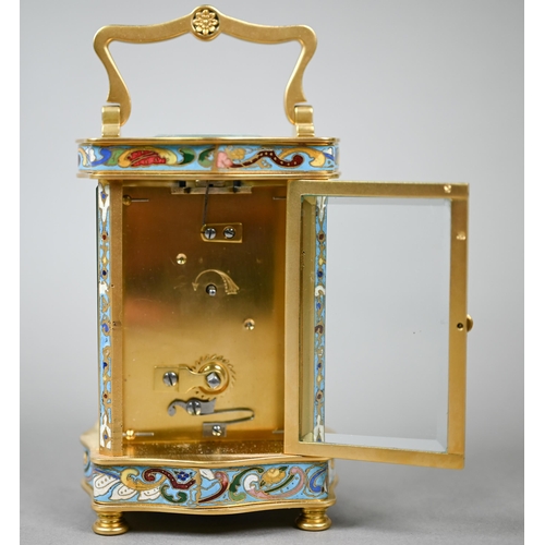 782 - A French cloisonné panelled gilt carriage clock with single drum movement, 13.5 cm high