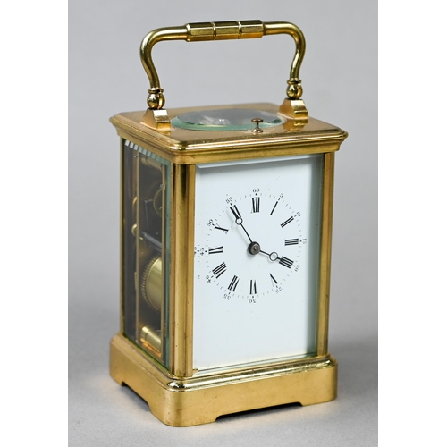 783 - A gilt-cased two train 8-day carriage alarm clock with white enamelled and Roman numeral dial, 13.5 ... 