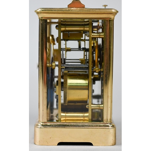 783 - A gilt-cased two train 8-day carriage alarm clock with white enamelled and Roman numeral dial, 13.5 ... 