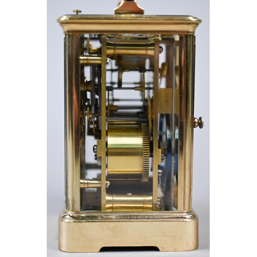 783 - A gilt-cased two train 8-day carriage alarm clock with white enamelled and Roman numeral dial, 13.5 ... 