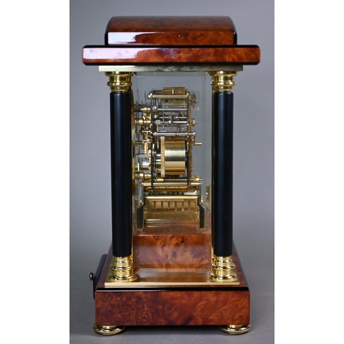 784 - WITHDRAWN A contemporary Kieninger inlaid burr walnut four glass portico style mantel clock, the gil... 