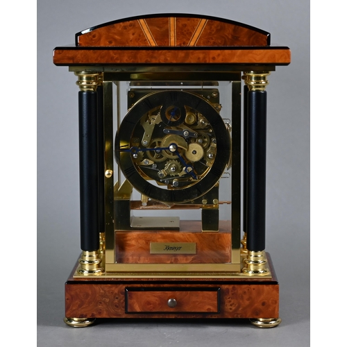 784 - WITHDRAWN A contemporary Kieninger inlaid burr walnut four glass portico style mantel clock, the gil... 