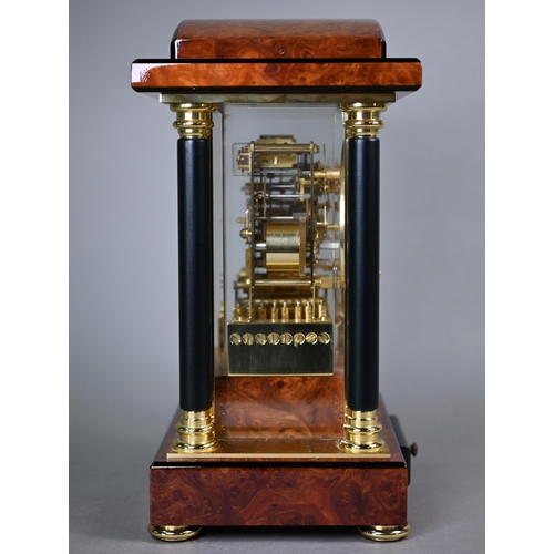 784 - WITHDRAWN A contemporary Kieninger inlaid burr walnut four glass portico style mantel clock, the gil... 