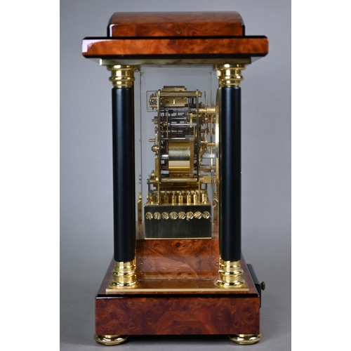 784 - WITHDRAWN A contemporary Kieninger inlaid burr walnut four glass portico style mantel clock, the gil... 