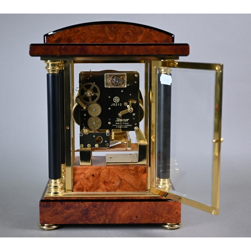 784 - WITHDRAWN A contemporary Kieninger inlaid burr walnut four glass portico style mantel clock, the gil... 