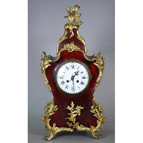 786 - An antique French two train mantel clock in faux red tortoiseshell and ormolu case in the rococo sty... 