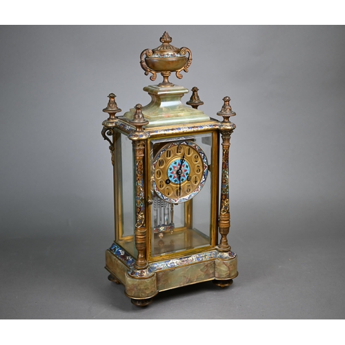 789 - A late 19th century French cloisonné, gilt and onyx four glass mantle clock, the gilt dial with Arab... 